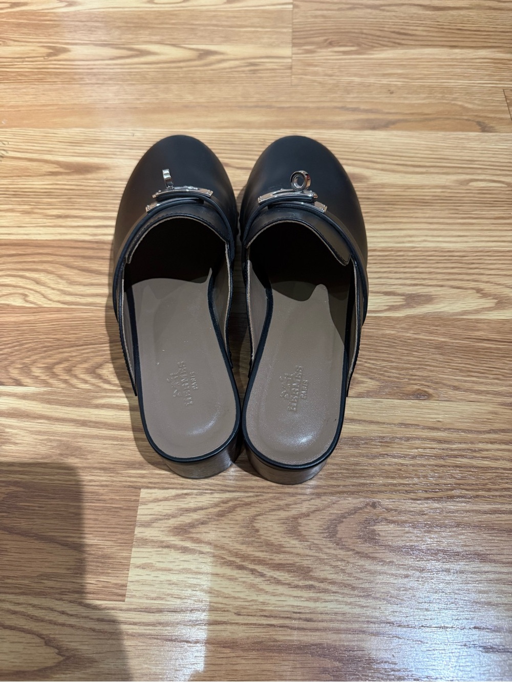 Hermes Carlotta Mule Clog Black Leather Slip-On Mules with Silver Hardware